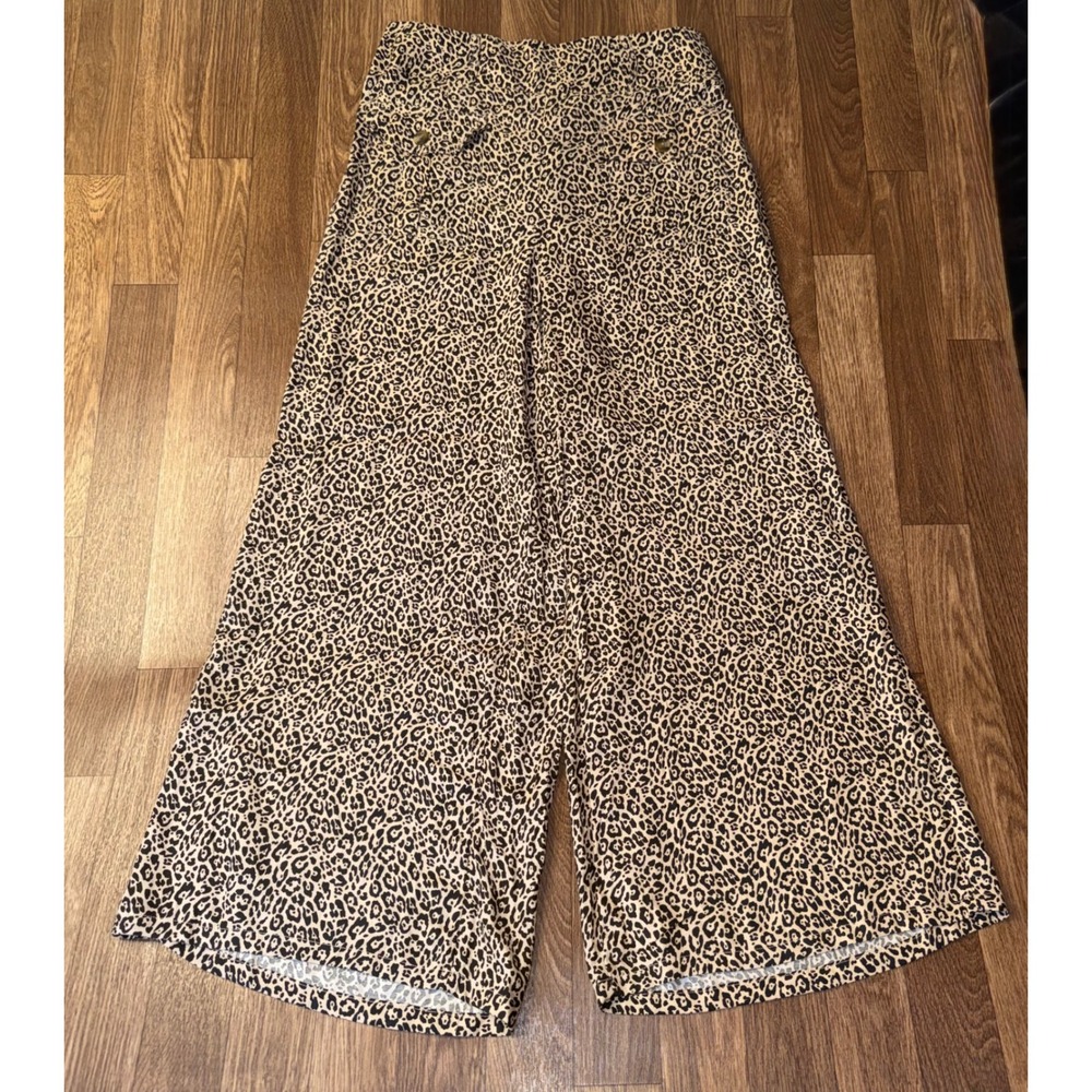 American Eagle Leopard Print Wide Leg Pants Tan Black Smocked Back Large NEW